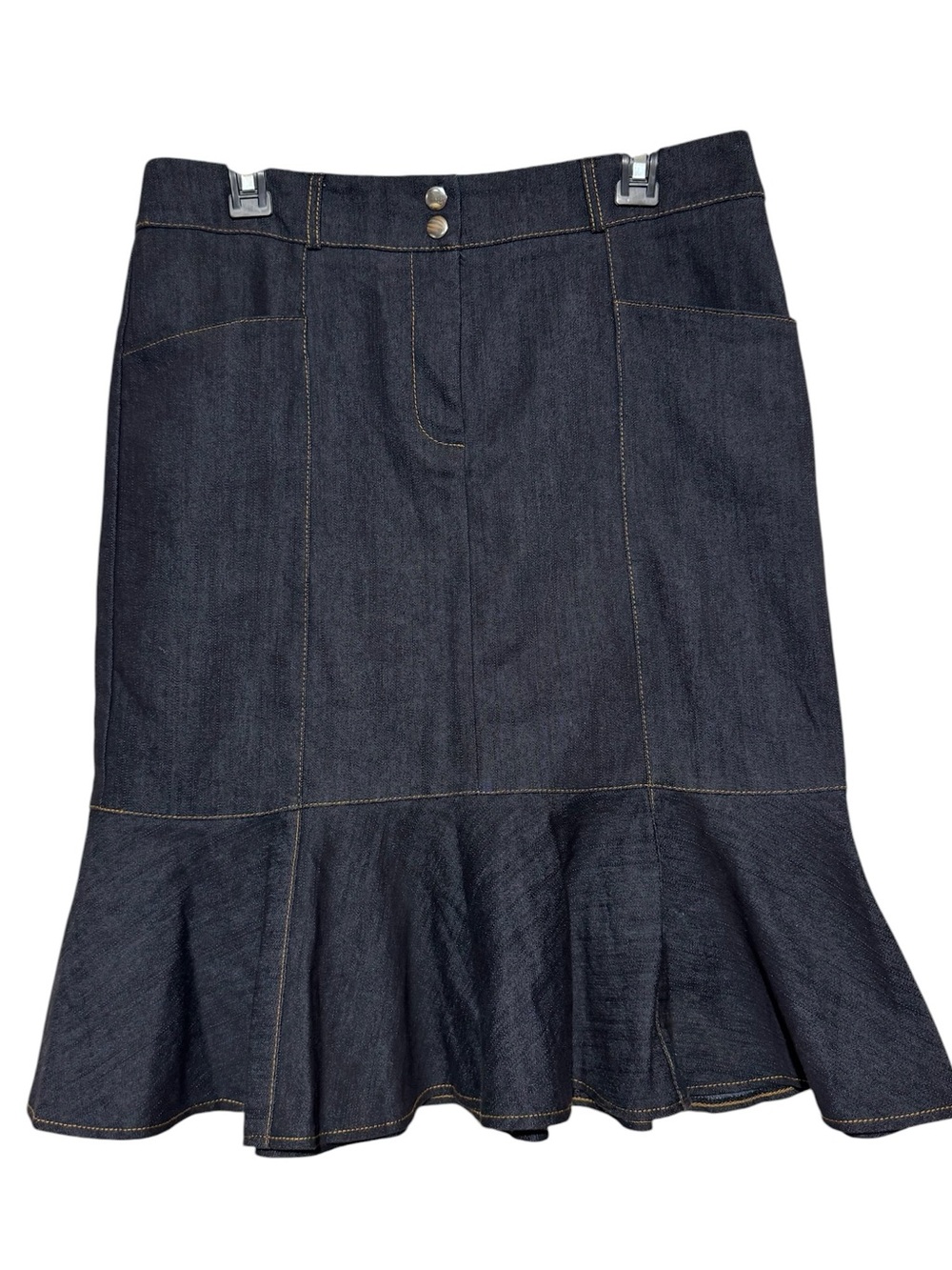 Carole Wren Long Modest Denim Jean Skirt Size 8 Peplum Flare Dark Wash Fall